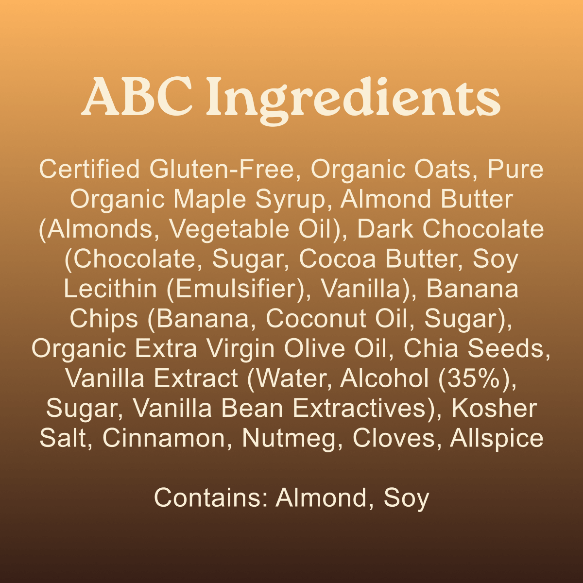 List of ingredients for a product labeled 'ABC Ingredients' on a brown background.