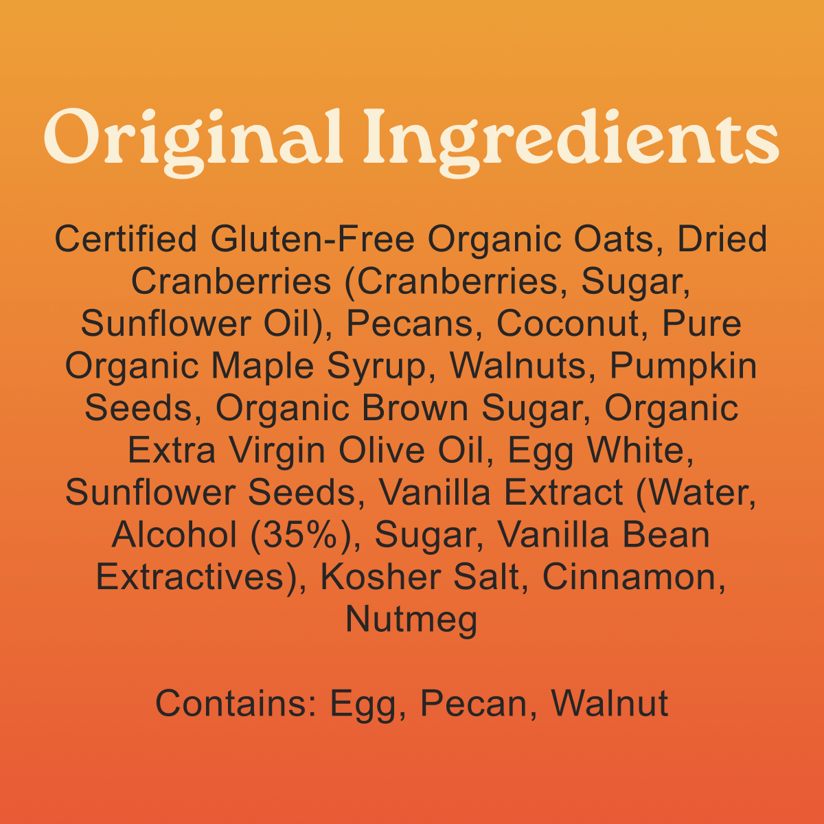 Original granola ingredients gluten free organic oats walnuts cranberries