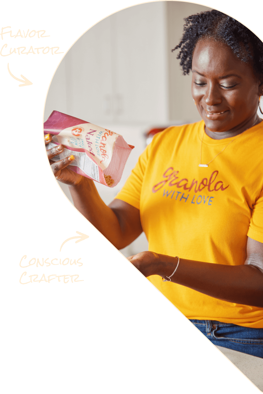 Woman in a yellow shirt holding a product with text 'Flavor Curator' and 'Conscious Crafter'.
