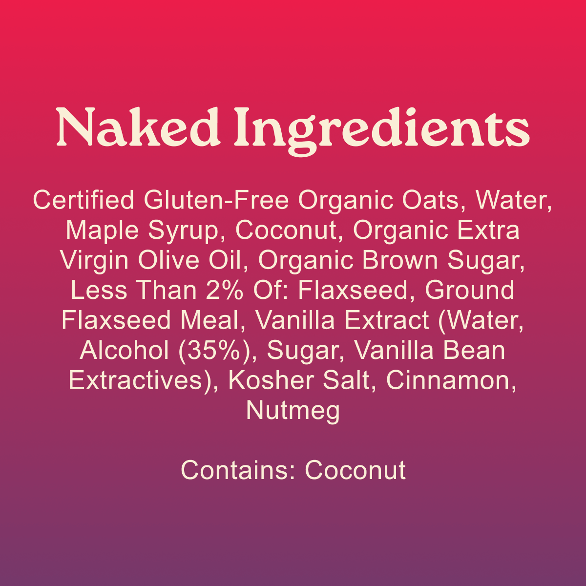 Naked Ingredients label with a list of ingredients on a red and purple gradient background