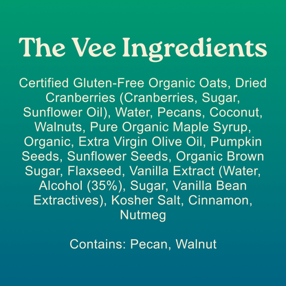 List of ingredients for a product called 'The Vee Ingredients' on a teal background.